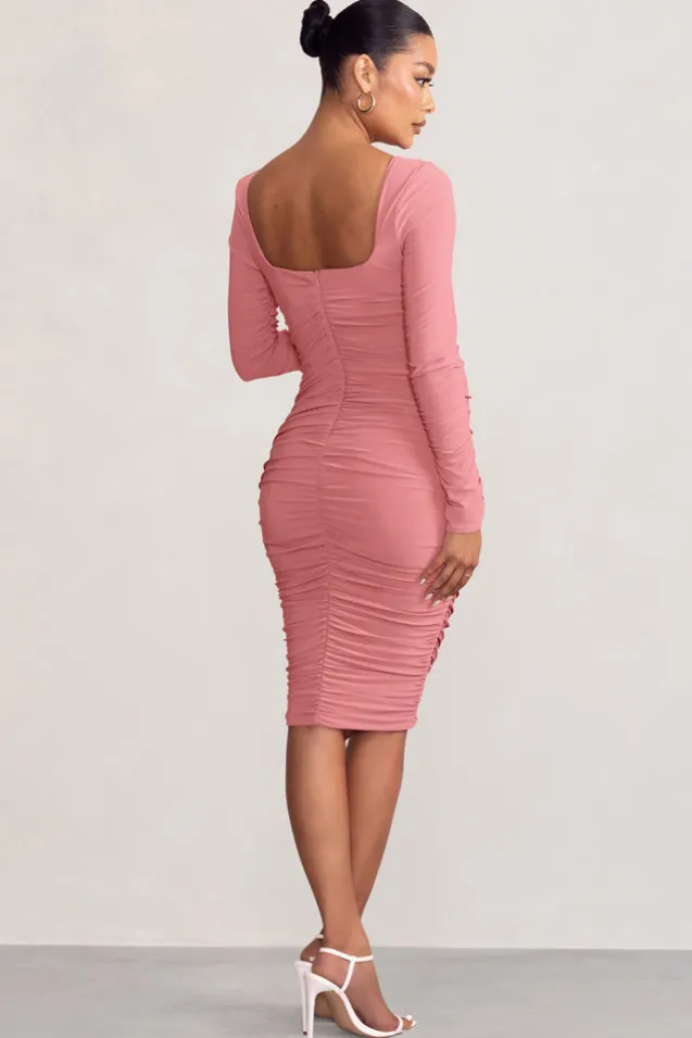 New Life | Pink Maternity Square Neck Ruched Midi Dress