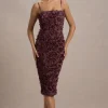 New Love | Dark Mauve Strappy Midi Dress With Mesh Flowers