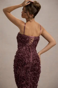 New Love | Dark Mauve Strappy Midi Dress With Mesh Flowers