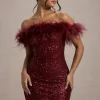 New Money | Burgundy Bodycon Sequin Mini Dress With Feather Trim