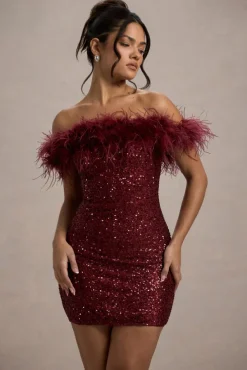 New Money | Burgundy Bodycon Sequin Mini Dress With Feather Trim