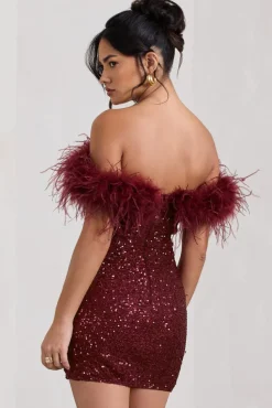 New Money | Burgundy Bodycon Sequin Mini Dress With Feather Trim