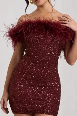 New Money | Burgundy Bodycon Sequin Mini Dress With Feather Trim