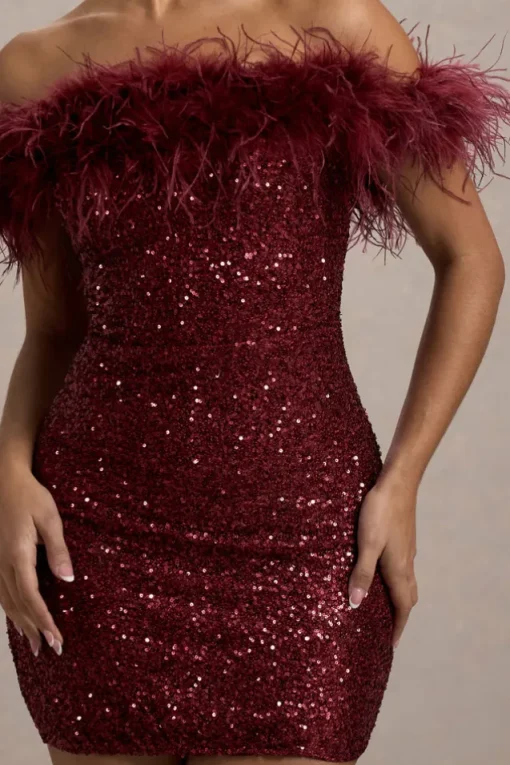 New Money | Burgundy Bodycon Sequin Mini Dress With Feather Trim