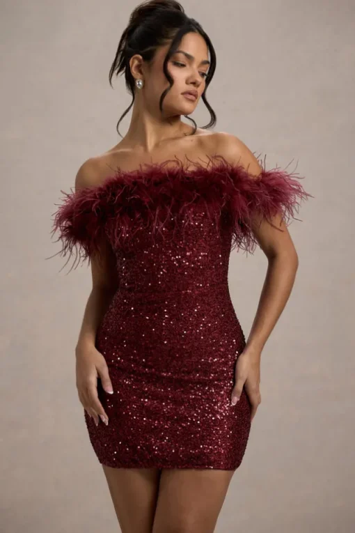 New Money | Burgundy Bodycon Sequin Mini Dress With Feather Trim