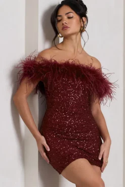 New Money | Burgundy Bodycon Sequin Mini Dress With Feather Trim