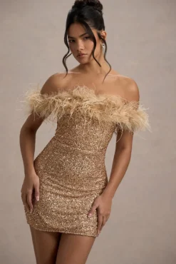 New Money | Gold Bodycon Sequin Mini Dress With Feather Trim