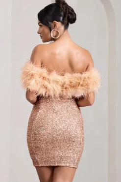 New Money | Gold Bodycon Sequin Mini Dress With Feather Trim
