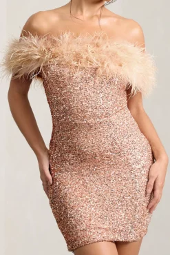 New Money | Gold Bodycon Sequin Mini Dress With Feather Trim