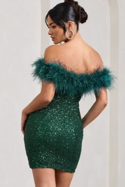 New Money | Green Bodycon Sequin Mini Dress With Feather Trim