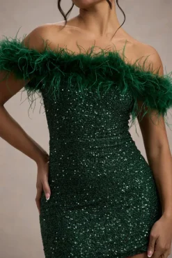 New Money | Green Bodycon Sequin Mini Dress With Feather Trim
