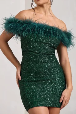 New Money | Green Bodycon Sequin Mini Dress With Feather Trim