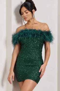 New Money | Green Bodycon Sequin Mini Dress With Feather Trim