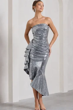 New World | Silver Sequin Strapless Maxi Dress With Ruffles