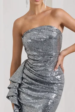 New World | Silver Sequin Strapless Maxi Dress With Ruffles