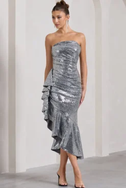 New World | Silver Sequin Strapless Maxi Dress With Ruffles