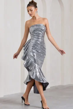 New World | Silver Sequin Strapless Maxi Dress With Ruffles