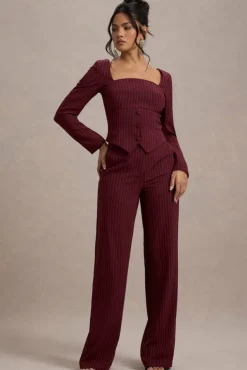 New York | Wine Pinstripe Tailored Wide-Leg Trousers