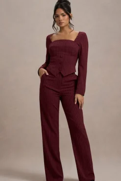 New York | Wine Pinstripe Tailored Wide-Leg Trousers