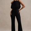 Nicia | Black Ruffled Strapless Flared-Leg Jumpsuit