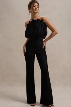 Nicia | Black Ruffled Strapless Flared-Leg Jumpsuit