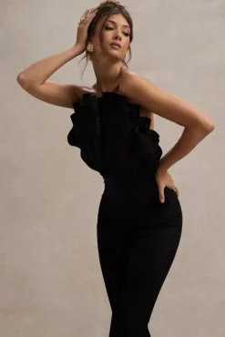 Nicia | Black Ruffled Strapless Flared-Leg Jumpsuit