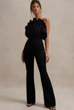 Nicia | Black Ruffled Strapless Flared-Leg Jumpsuit
