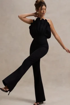Nicia | Black Ruffled Strapless Flared-Leg Jumpsuit