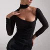 Nicole | Black Ruched Mesh Asymmetric Top With Long Sheer Sleeves