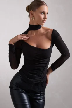 Nicole | Black Ruched Mesh Asymmetric Top With Long Sheer Sleeves