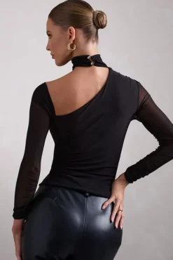 Nicole | Black Ruched Mesh Asymmetric Top With Long Sheer Sleeves