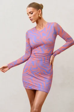 Night Sky | Orange Zebra Print Mesh Long Sleeves Mini Dress