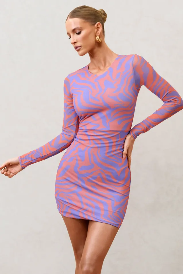 Night Sky | Orange Zebra Print Mesh Long Sleeves Mini Dress