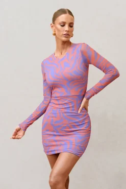 Night Sky | Orange Zebra Print Mesh Long Sleeves Mini Dress