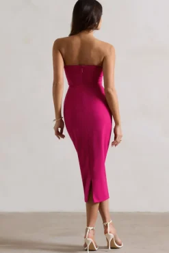 Nina | Dark Pink Structured Strapless Corset Midi Dress