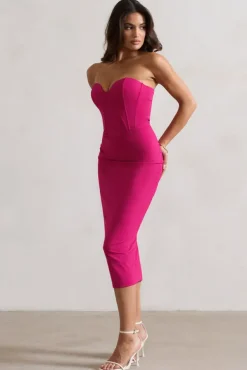 Nina | Dark Pink Structured Strapless Corset Midi Dress