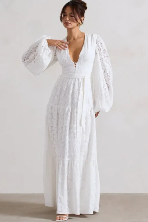 Nixie | White Lace Puff-Sleeve Layered Maxi Dress With Belt