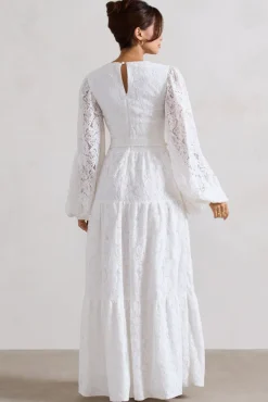 Nixie | White Lace Puff-Sleeve Layered Maxi Dress With Belt