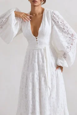 Nixie | White Lace Puff-Sleeve Layered Maxi Dress With Belt