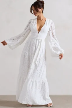 Nixie | White Lace Puff-Sleeve Layered Maxi Dress With Belt