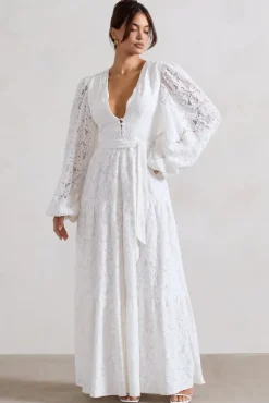 Nixie | White Lace Puff-Sleeve Layered Maxi Dress With Belt