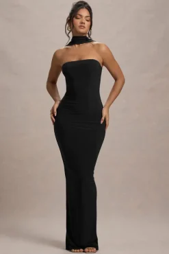 Nobu | Black Bandeau Maxi Dress With Halter-Collar