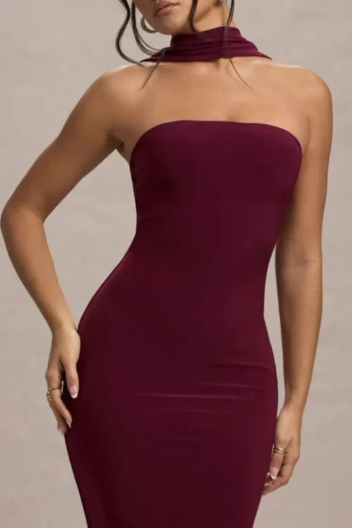 Nobu | Burgundy Bandeau Maxi Dress With Halter-Collar