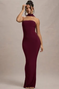 Nobu | Burgundy Bandeau Maxi Dress With Halter-Collar