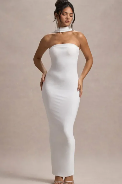 Nobu | White Bandeau Maxi Dress With Halter-Collar