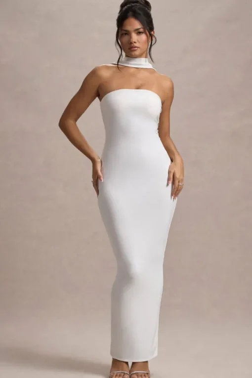 Nobu | White Bandeau Maxi Dress With Halter-Collar