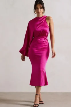 Nola | Dark Pink Satin One-Sleeve Midi Dress