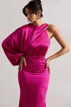 Nola | Dark Pink Satin One-Sleeve Midi Dress