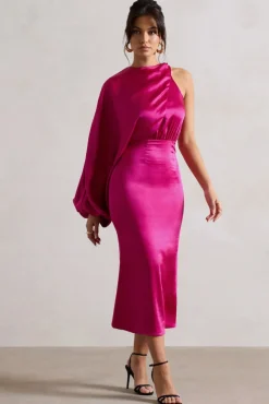 Nola | Dark Pink Satin One-Sleeve Midi Dress