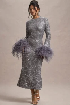 North Star | Silver Sequin Long-Sleeve Midi Dress With Feather Cuffs